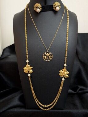 #62. Avon  Pendant & Long Leaf & Pearl Necklaces & Trifari Filegree Earrings
